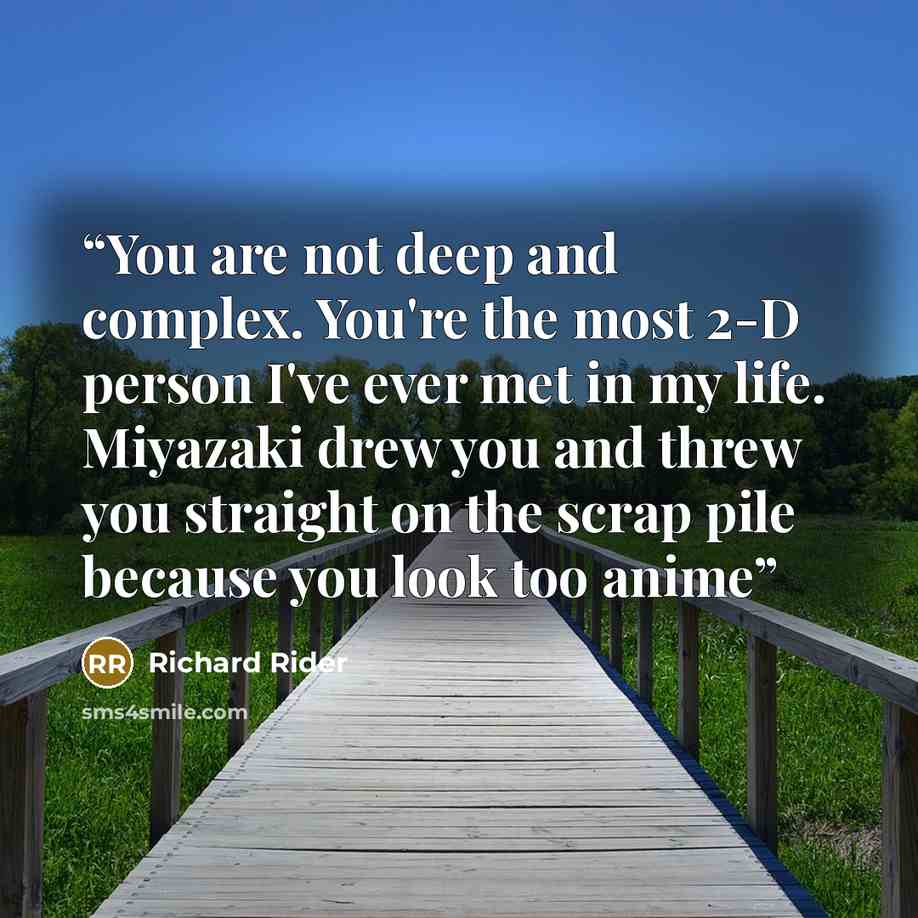 “You are not deep and complex. You're the most 2-D person I've ever met in my life. Miyazaki drew you and threw you straight on the scrap pile because you look too anime” quote by Richard Rider
