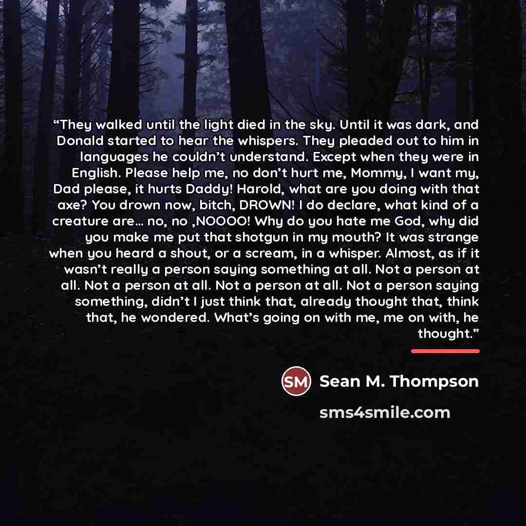 “They walked until the light died in the sky. Until it was dark, and Donald started to hear the whispers. They pleaded out to him in languages he couldn’t understand. Except when they were in English. Please help me, no don’t hurt me, Mommy, I want my, Dad please, it hurts Daddy! Harold, what are…” quote by Sean M. Thompson