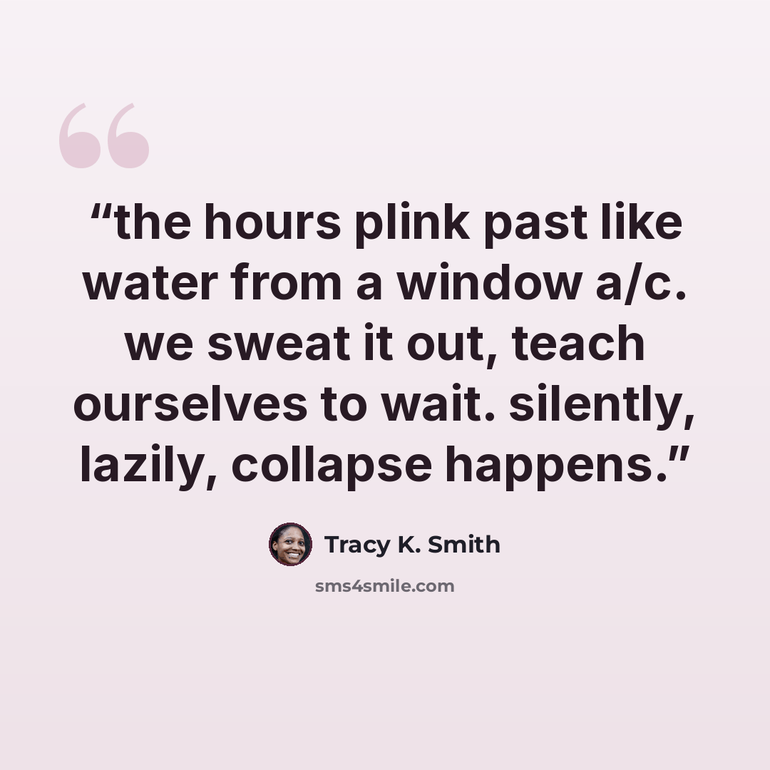 “the hours plink past like water from a window a/c. we sweat it out, teach ourselves to wait. silently, lazily, collapse happens.” quote by Tracy K. Smith