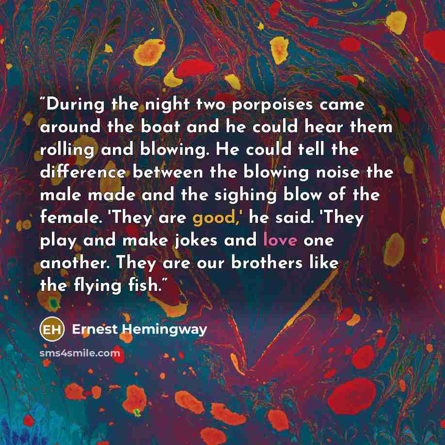 “During the night two porpoises came around the boat and he could hear them rolling and blowing. He could tell the difference between the blowing noise the male made and the sighing blow of the female. 'They are good,' he said. 'They play and make jokes and love one another. They are our brothers…” quote by Ernest Hemingway