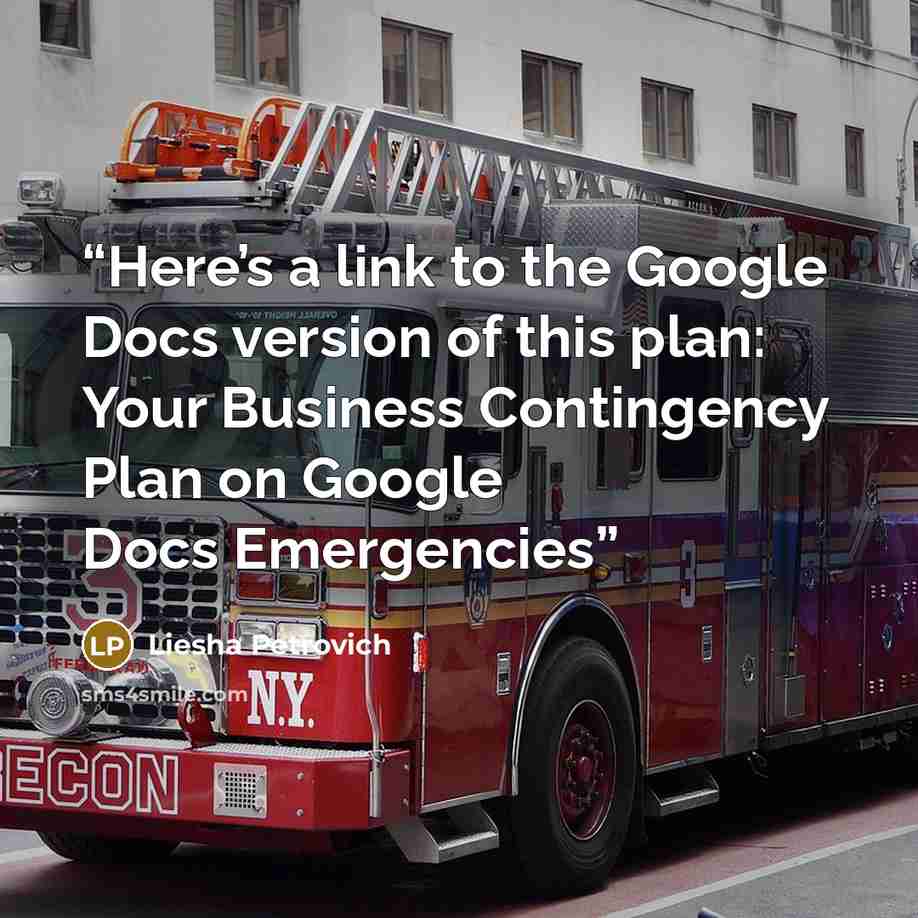 “Here’s a link to the Google Docs version of this plan: Your Business Contingency Plan on Google Docs Emergencies” quote by Liesha Petrovich