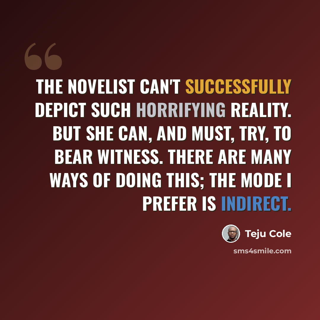 “The novelist can't successfully depict such horrifying reality. But she can, and must, try, to bear witness. There are many ways of doing this; the mode I prefer is indirect.” quote by Teju Cole
