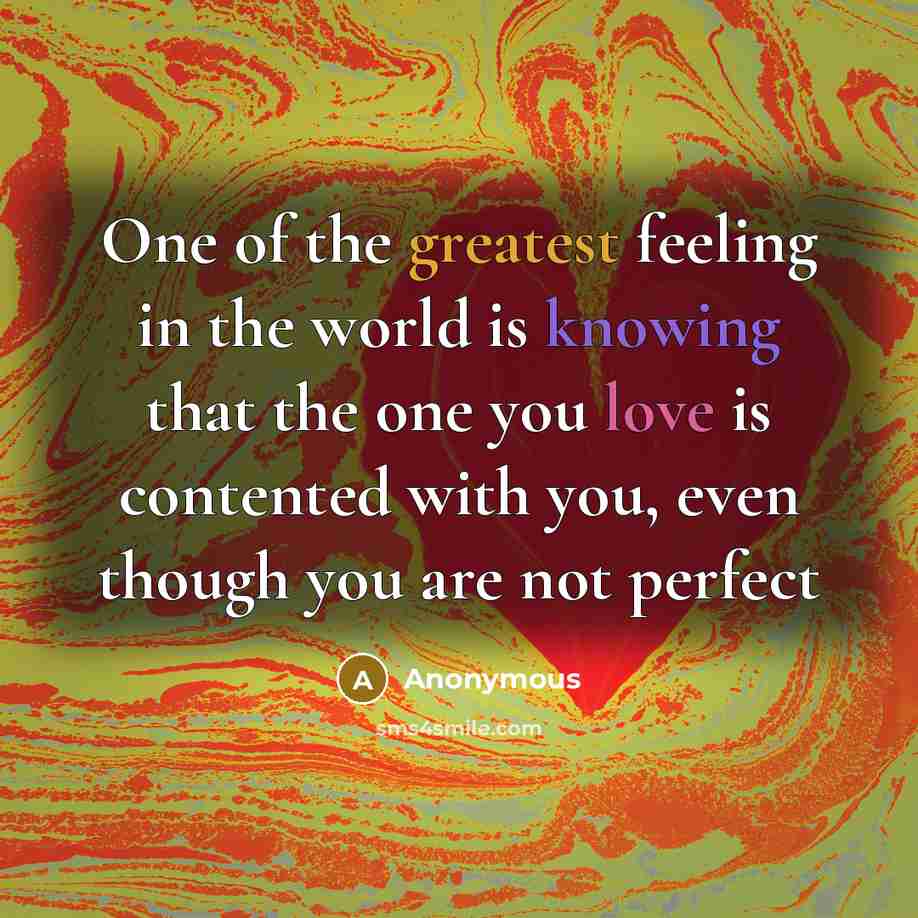 “One of the greatest feeling in the world is knowing that the one you love is contented with you, even though you are not perfect” quote by Anonymous