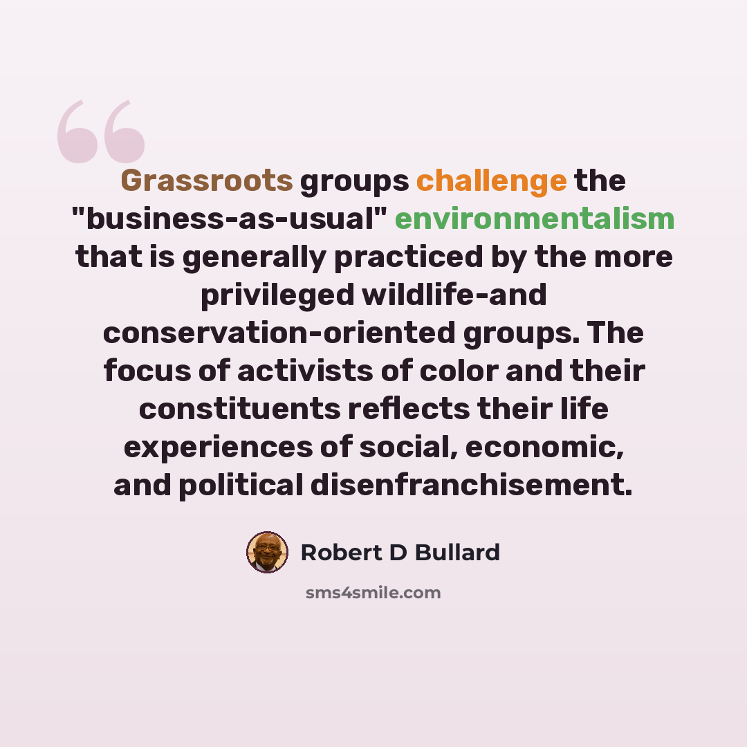 “Grassroots groups challenge the "business-as-usual" environmentalism that is generally practiced by the more privileged wildlife-and conservation-oriented groups. The focus of activists of color and their constituents reflects their life experiences of social, economic, and political…” quote by Robert D Bullard