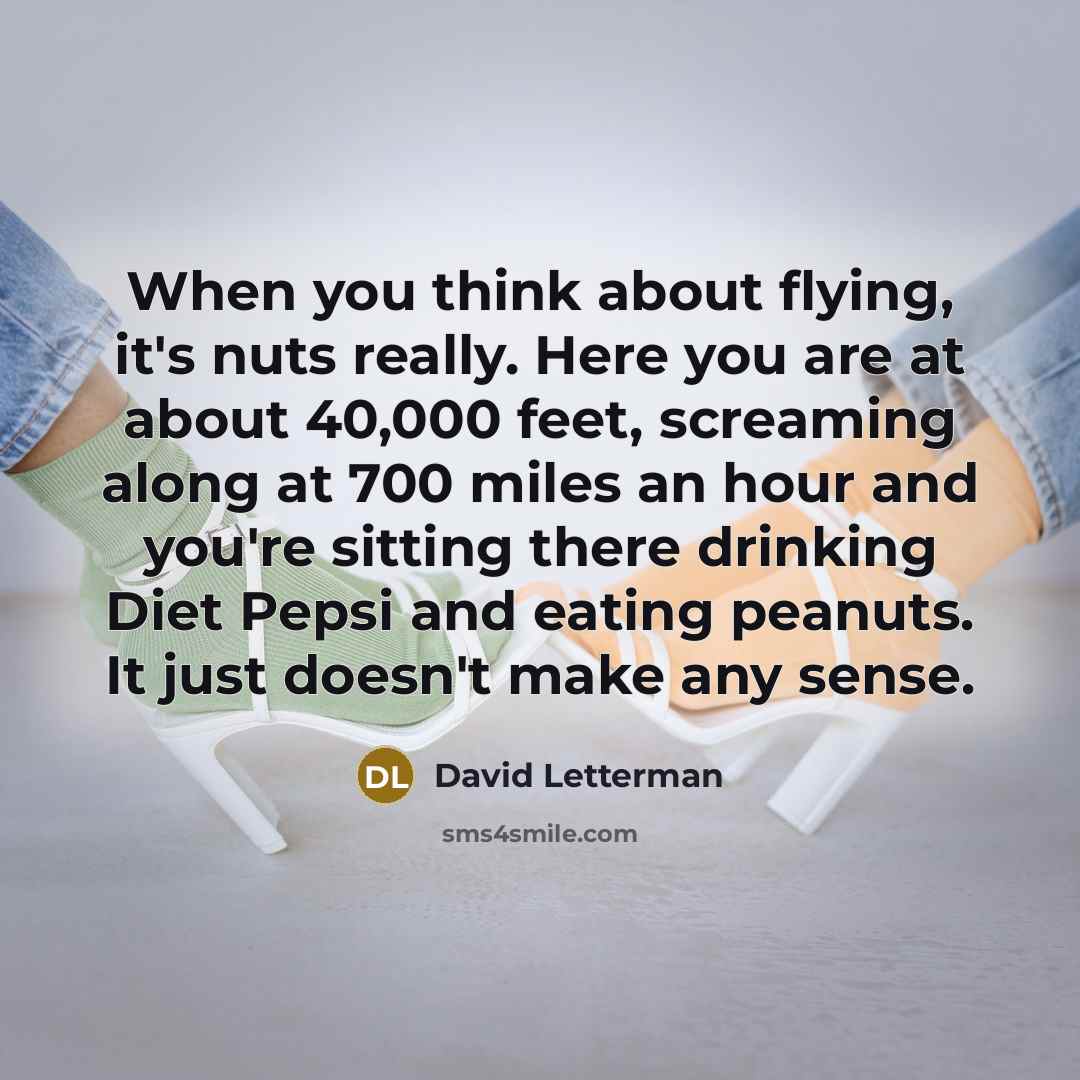 “When you think about flying, it's nuts really. Here you are at about 40,000 feet, screaming along at 700 miles an hour and you're sitting there drinking Diet Pepsi and eating peanuts. It just doesn't make any sense.” quote by David Letterman