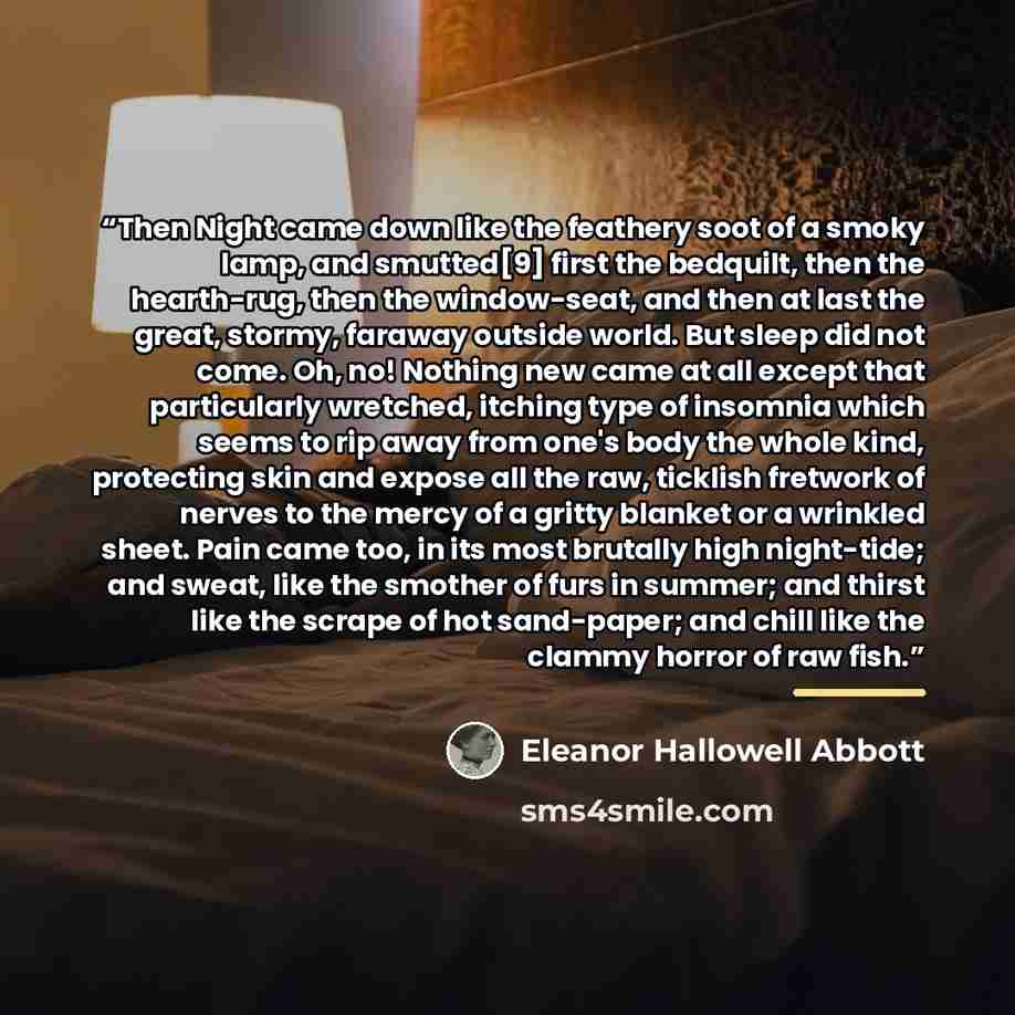 “Then Night came down like the feathery soot of a smoky lamp, and smutted[9] first the bedquilt, then the hearth-rug, then the window-seat, and then at last the great, stormy, faraway outside world. But sleep did not come. Oh, no! Nothing new came at all except that particularly wretched, itching…” quote by Eleanor Hallowell Abbott