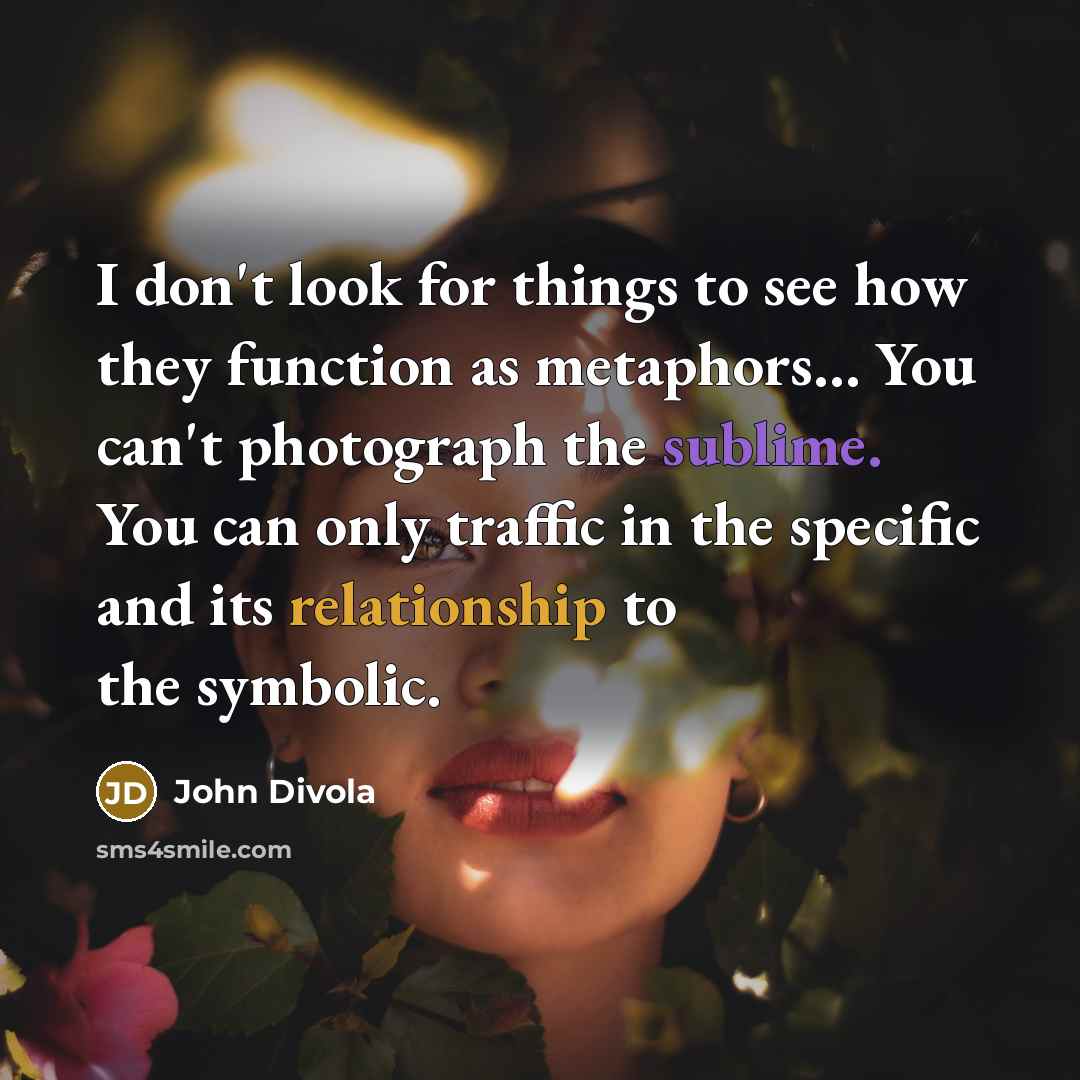 “I don't look for things to see how they function as metaphors… You can't photograph the sublime. You can only traffic in the specific and its relationship to the symbolic.” quote by John Divola