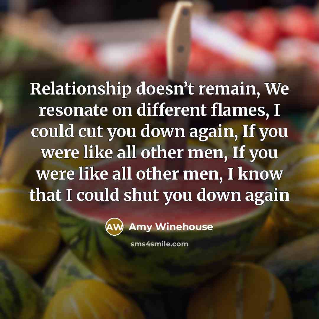 “Relationship doesn’t remain, We resonate on different flames, I could cut you down again, If you were like all other men, If you were like all other men, I know that I could shut you down again” quote by Amy Winehouse