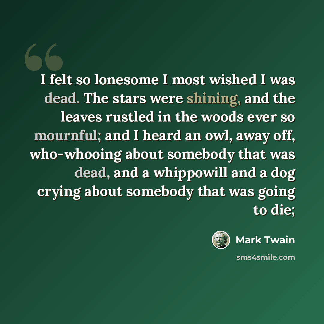 “I felt so lonesome I most wished I was dead. The stars were shining, and the leaves rustled in the woods ever so mournful; and I heard an owl, away off, who-whooing about somebody that was dead, and a whippowill and a dog crying about somebody that was going to die;” quote by Mark Twain