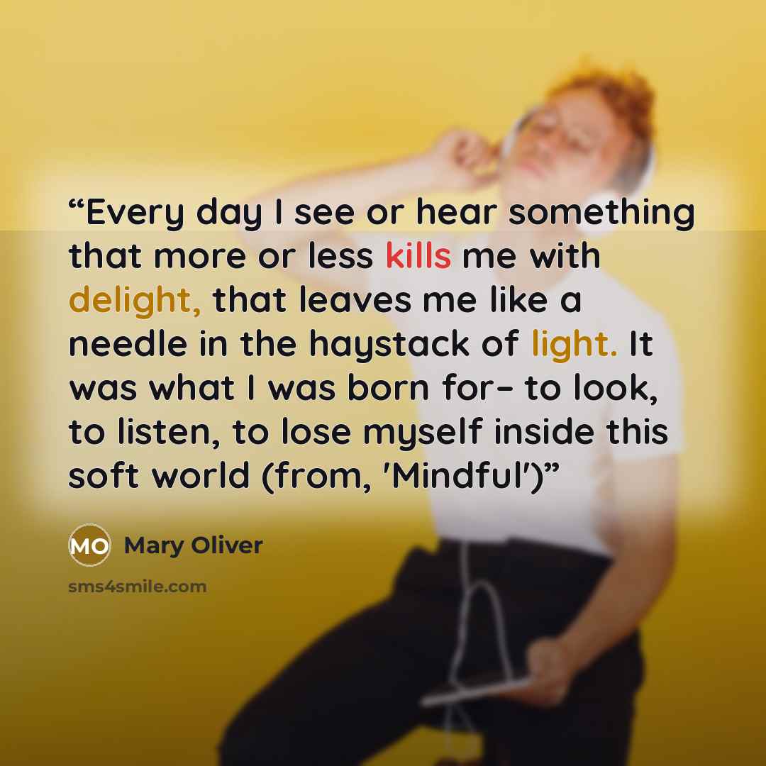 “Every day I see or hear something that more or less kills me with delight, that leaves me like a needle in the haystack of light. It was what I was born for– to look, to listen, to lose myself inside this soft world (from, 'Mindful')” quote by Mary Oliver