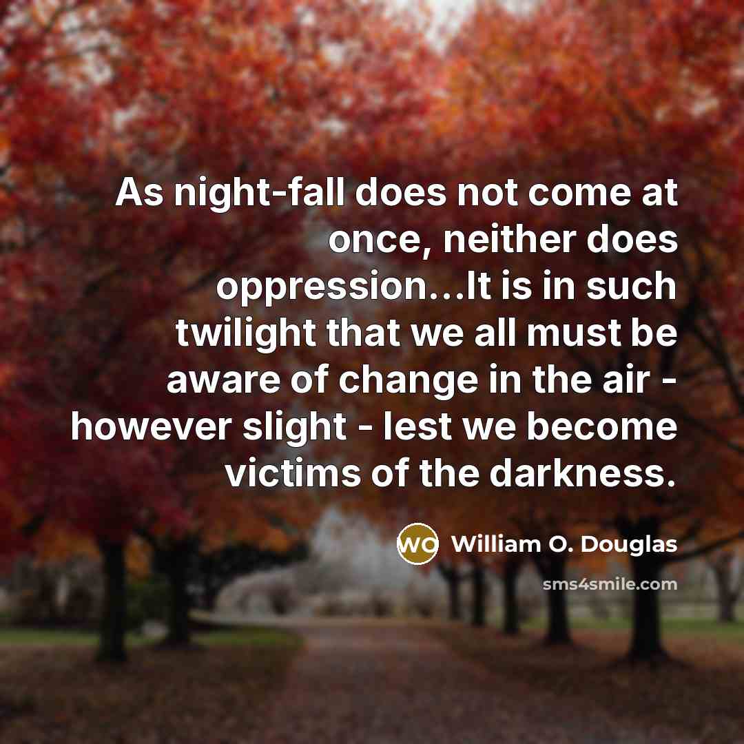 “As night-fall does not come at once, neither does oppression...It is in such twilight that we all must be aware of change in the air - however slight - lest we become victims of the darkness.” quote by William O. Douglas