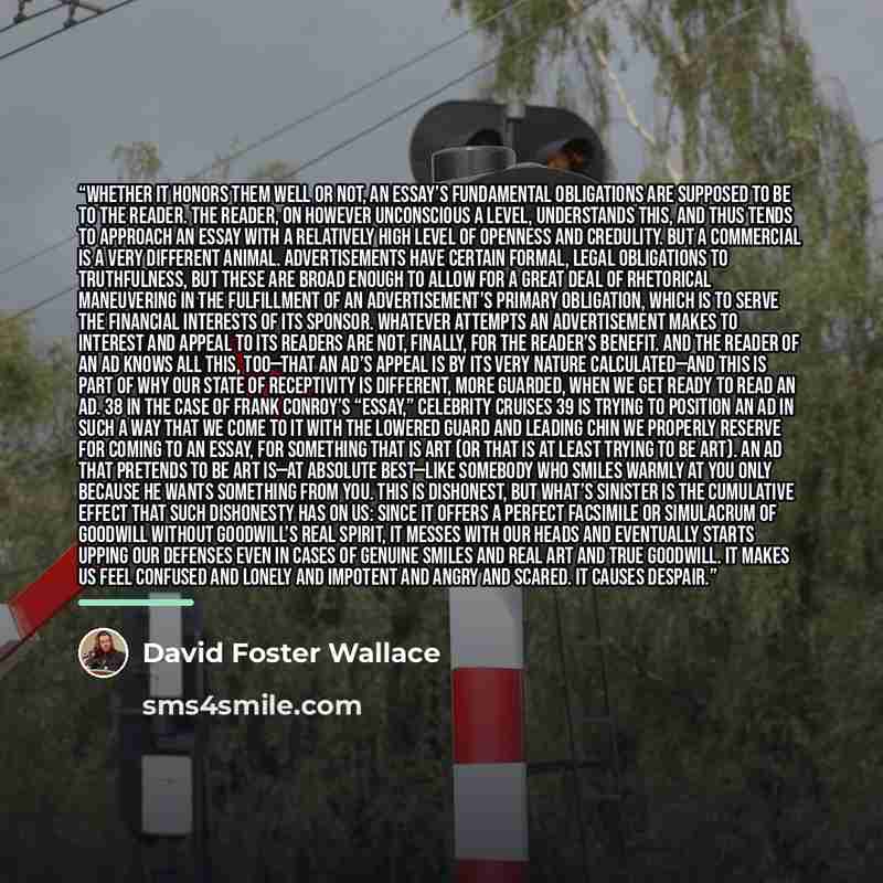 “Whether it honors them well or not, an essay’s fundamental obligations are supposed to be to the reader. The reader, on however unconscious a level, understands this, and thus tends to approach an essay with a relatively high level of openness and credulity. But a commercial is a very different…” quote by David Foster Wallace