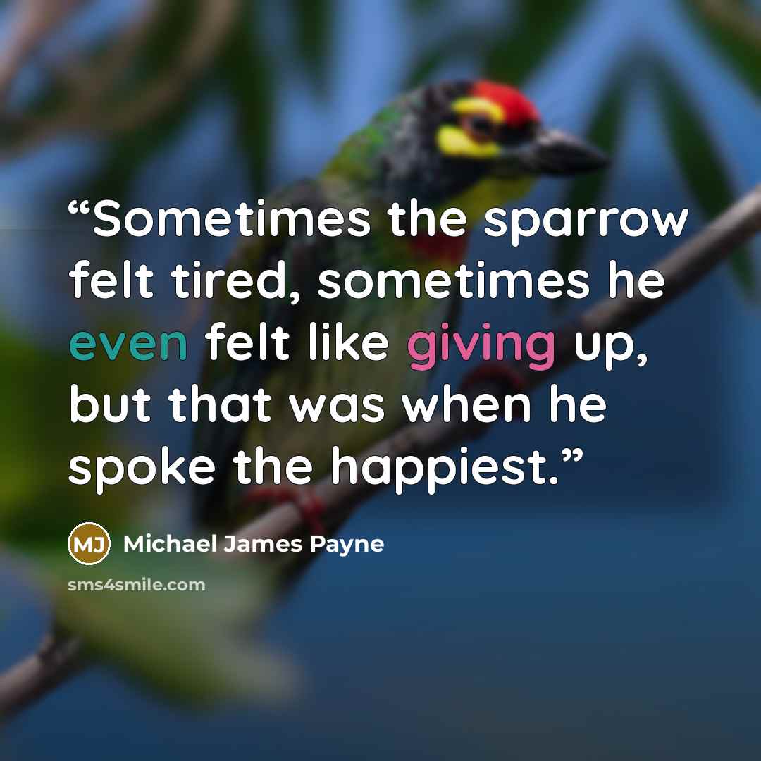 “Sometimes the sparrow felt tired, sometimes he even felt like giving up, but that was when he spoke the happiest.” quote by Michael James Payne