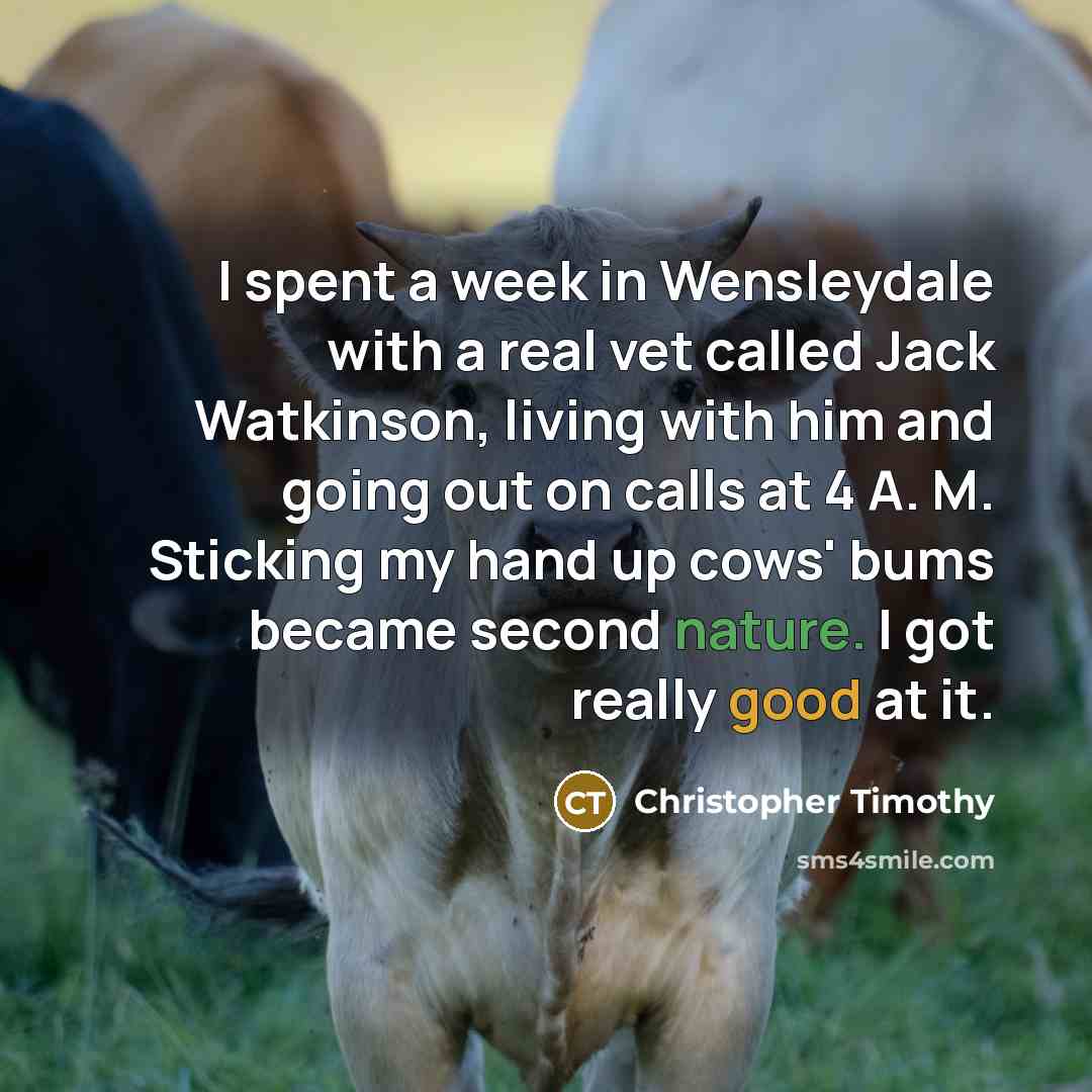 “I spent a week in Wensleydale with a real vet called Jack Watkinson, living with him and going out on calls at 4 A. M. Sticking my hand up cows' bums became second nature. I got really good at it.” quote by Christopher Timothy