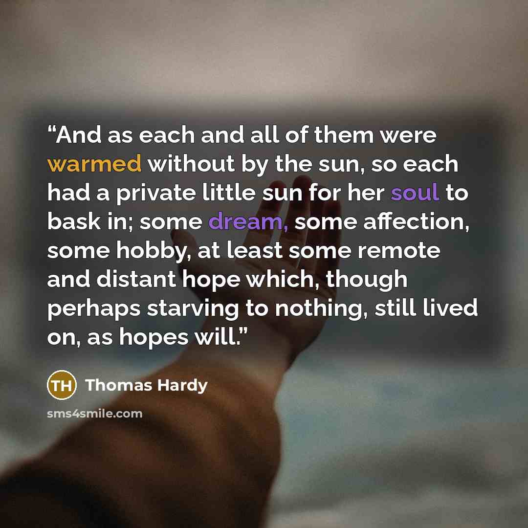 “And as each and all of them were warmed without by the sun, so each had a private little sun for her soul to bask in; some dream, some affection, some hobby, at least some remote and distant hope which, though perhaps starving to nothing, still lived on, as hopes will.” quote by Thomas Hardy