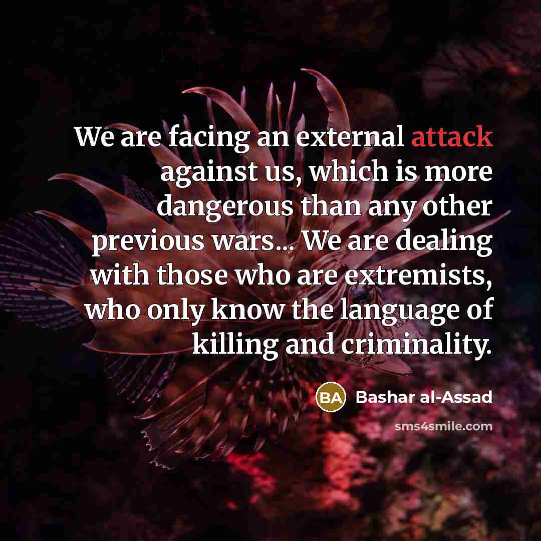“We are facing an external attack against us, which is more dangerous than any other previous wars... We are dealing with those who are extremists, who only know the language of killing and criminality.” quote by Bashar al-Assad
