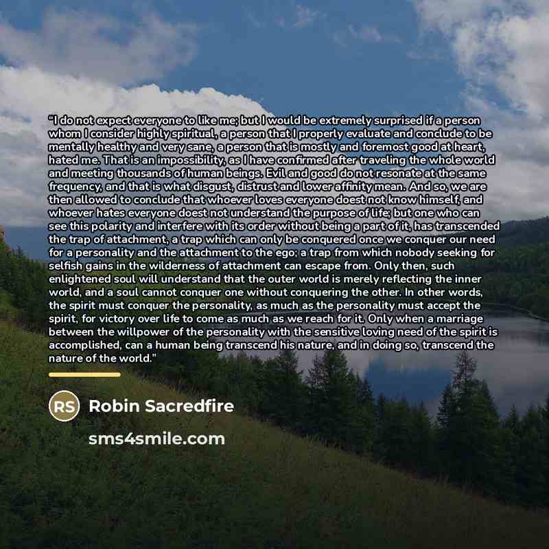 “I do not expect everyone to like me; but I would be extremely surprised if a person whom I consider highly spiritual, a person that I properly evaluate and conclude to be mentally healthy and very sane, a person that is mostly and foremost good at heart, hated me. That is an impossibility, as I…” quote by Robin Sacredfire