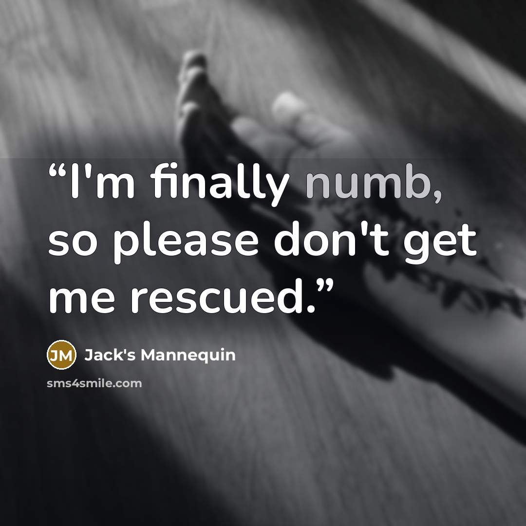 “I'm finally numb, so please don't get me rescued.” quote by Jack's Mannequin