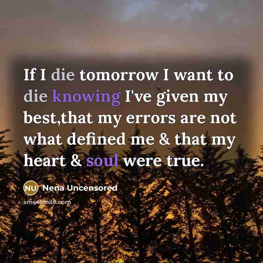 “If I die tomorrow I want to die knowing I've given my best,that my errors are not what defined me & that my heart & soul were true.” quote by Nena Uncensored