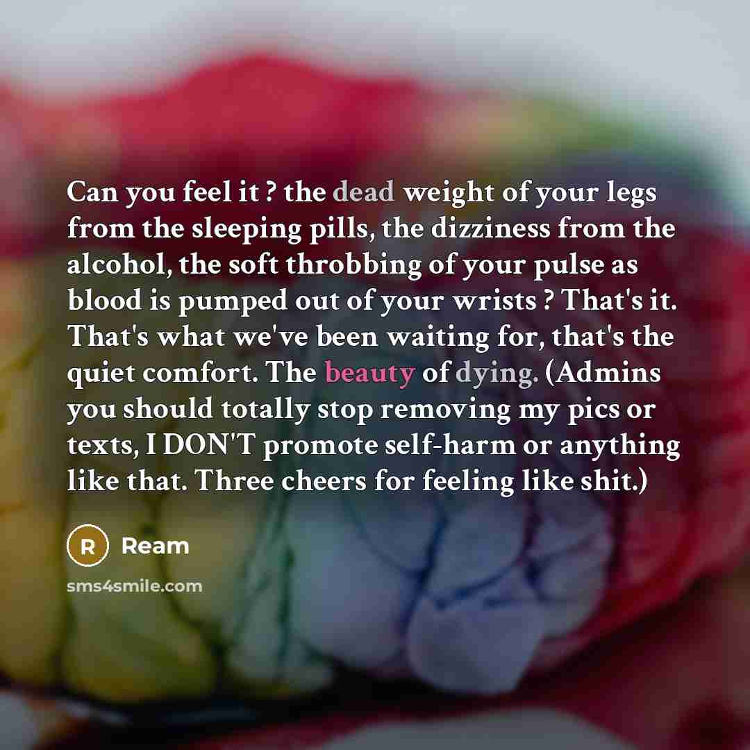 “Can you feel it ? the dead weight of your legs from the sleeping pills, the dizziness from the alcohol, the soft throbbing of your pulse as blood is pumped out of your wrists ? That's it. That's what we've been waiting for, that's the quiet comfort. The beauty of dying. (Admins you should totally…” quote by Ream