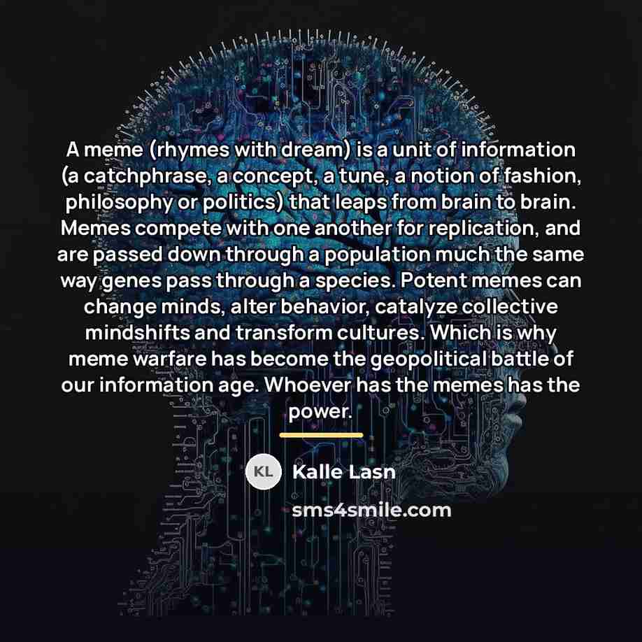 “A meme (rhymes with dream) is a unit of information…” quote by Kalle Lasn