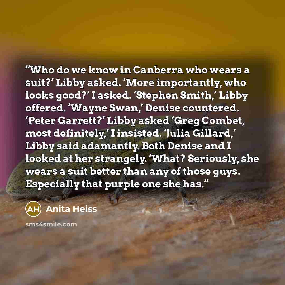“Who do we know in Canberra who wears a suit?’ Libby asked. ‘More importantly, who looks good?’ I asked. ‘Stephen Smith,’ Libby offered. ‘Wayne Swan,’ Denise countered. ‘Peter Garrett?’ Libby asked ‘Greg Combet, most definitely,’ I insisted. ‘Julia Gillard,’ Libby said adamantly. Both Denise and I…” quote by Anita Heiss