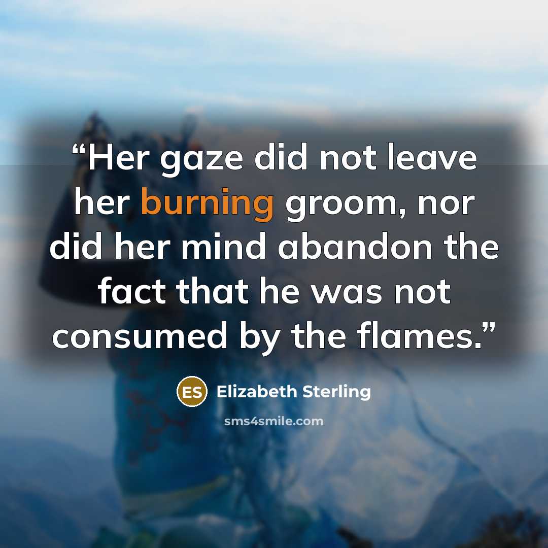 “Her gaze did not leave her burning groom, nor did her mind abandon the fact that he was not consumed by the flames.” quote by Elizabeth Sterling