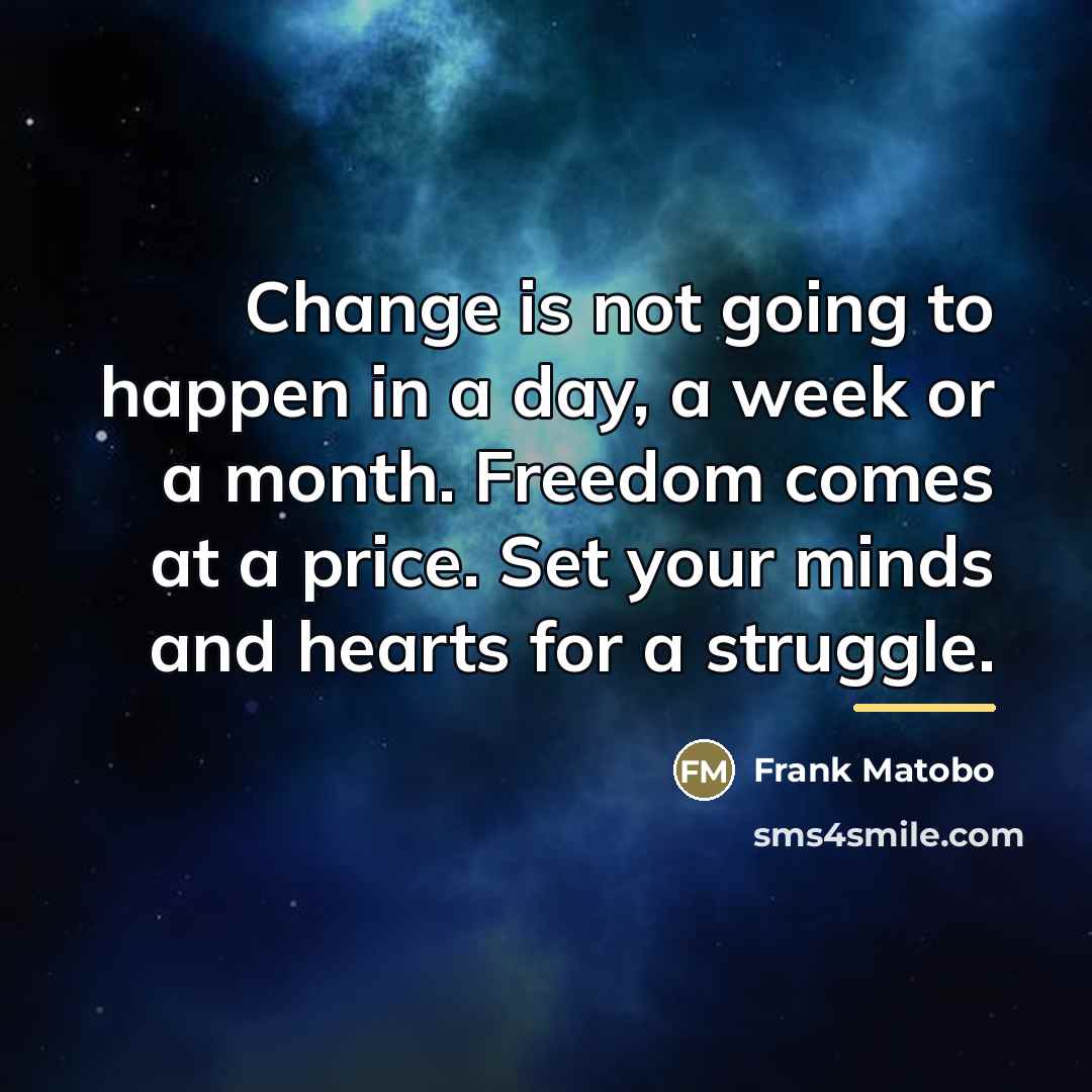“Change is not going to happen in a day, a…” quote by Frank Matobo