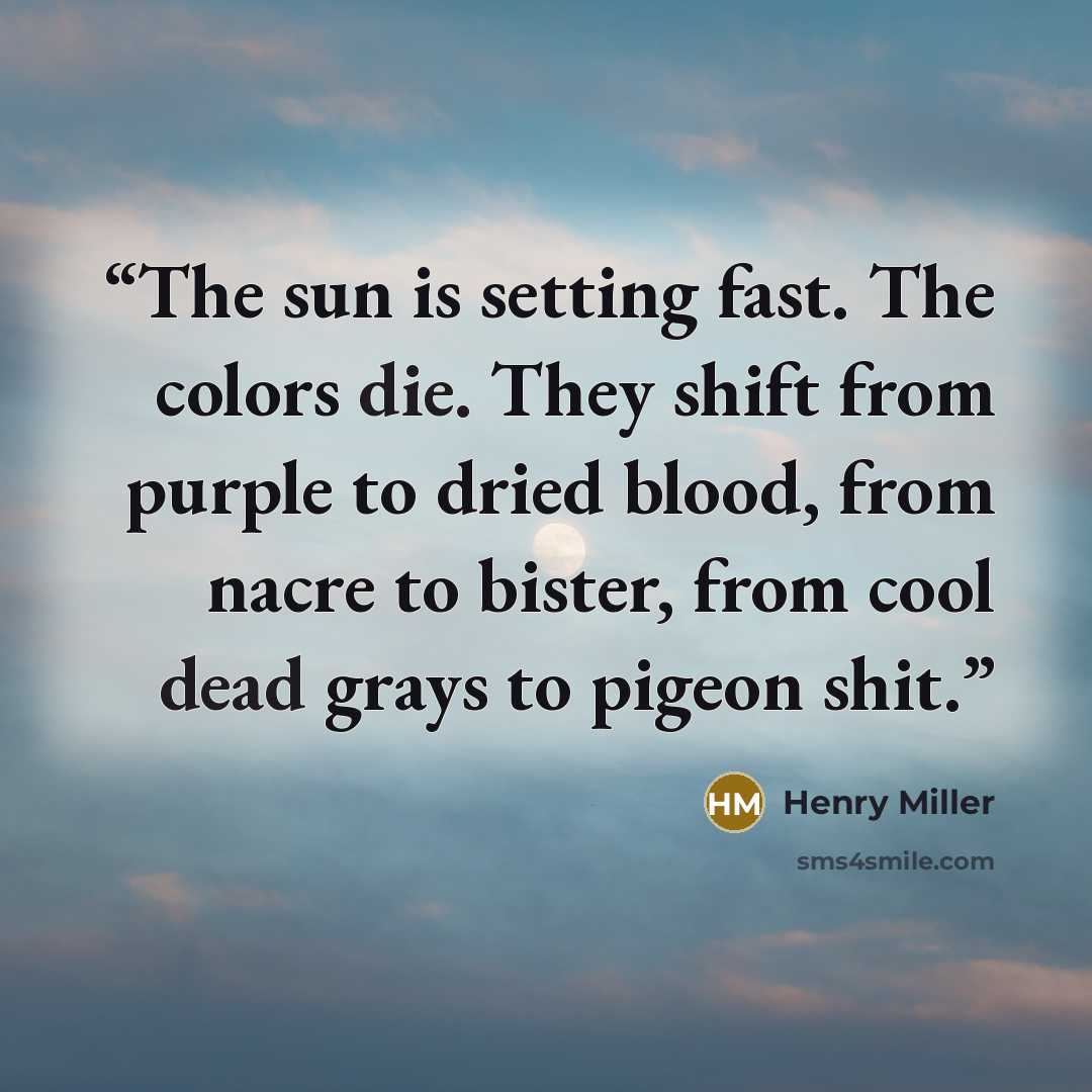 “The sun is setting fast. The colors die. They shift from purple to dried blood, from nacre to bister, from cool dead grays to pigeon shit.” quote by Henry Miller