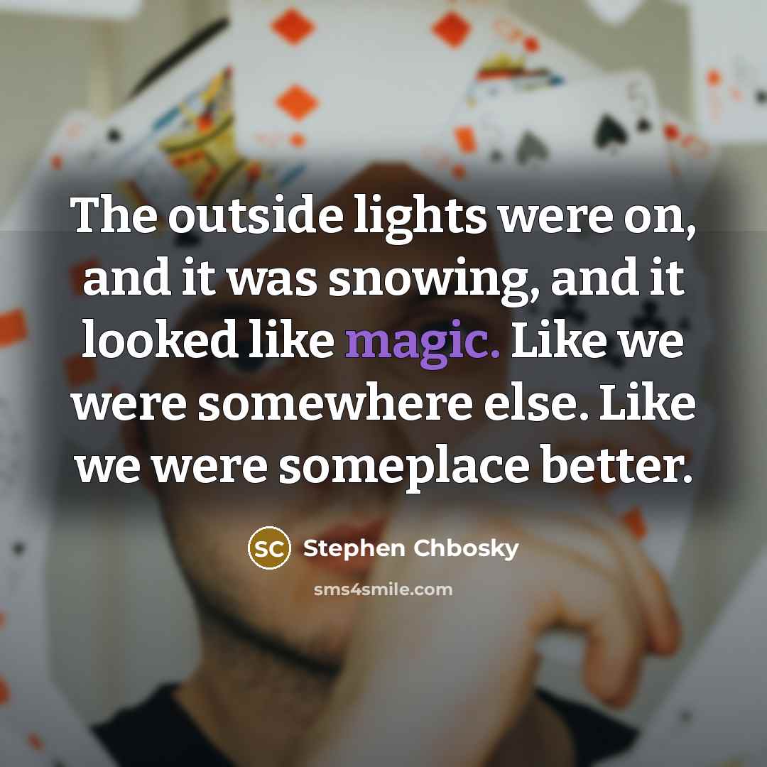 “The outside lights were on, and it was snowing, and…” quote by Stephen Chbosky