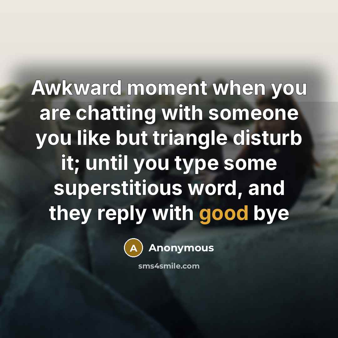 “Awkward moment when you are chatting with someone you like but triangle disturb it; until you type some superstitious word, and they reply with good bye” quote by Anonymous
