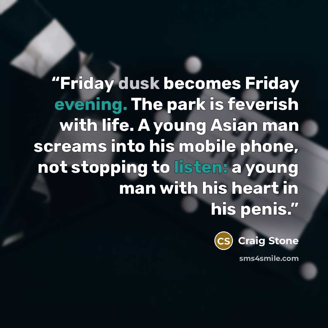 “Friday dusk becomes Friday evening. The park is feverish with life. A young Asian man screams into his mobile phone, not stopping to listen: a young man with his heart in his penis.” quote by Craig Stone