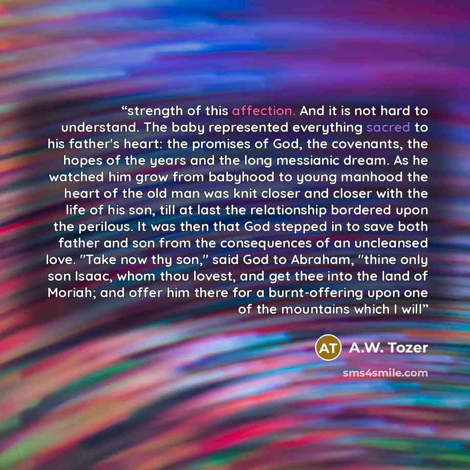 “strength of this affection. And it is not hard to understand. The baby represented everything sacred to his father's heart: the promises of God, the covenants, the hopes of the years and the long messianic dream. As he watched him grow from babyhood to young manhood the heart of the old man was…” quote by A.W. Tozer