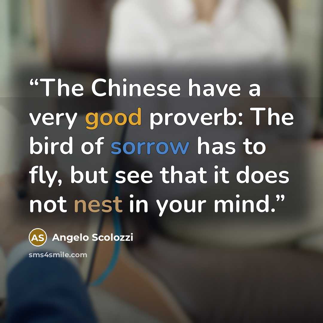 “The Chinese have a very good proverb: The bird of sorrow has to fly, but see that it does not nest in your mind.” quote by Angelo Scolozzi