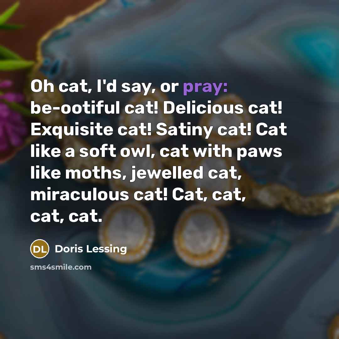 “Oh cat, I'd say, or pray: be-ootiful cat! Delicious cat!…” quote by Doris Lessing