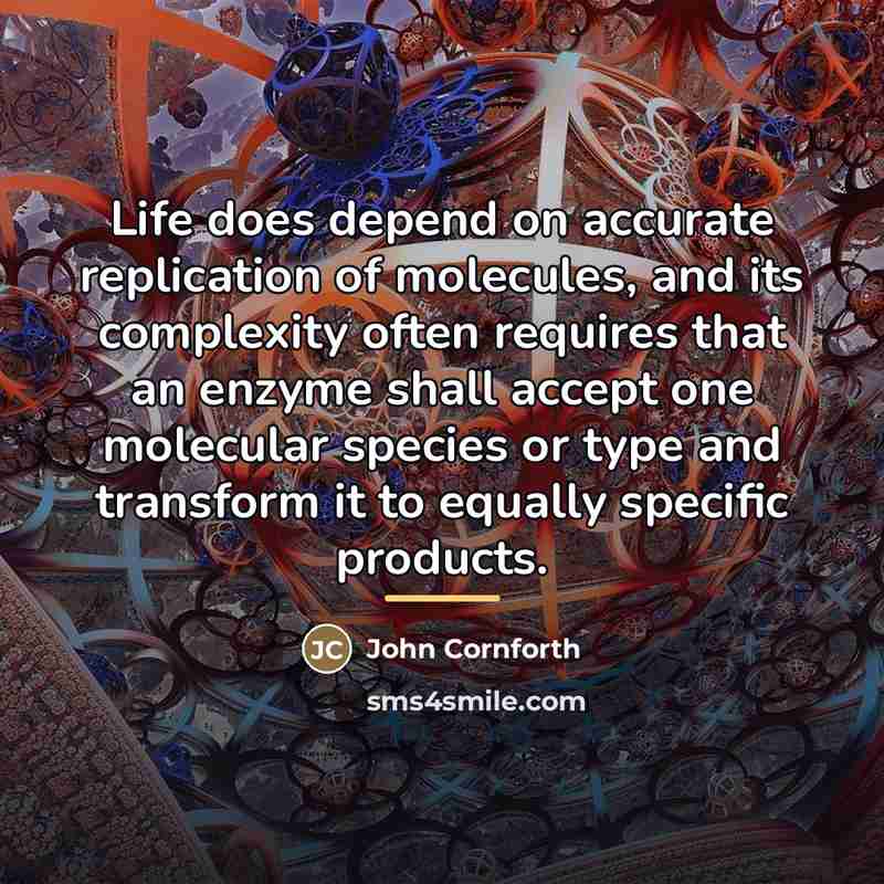 “Life does depend on accurate replication of molecules, and its…” quote by John Cornforth