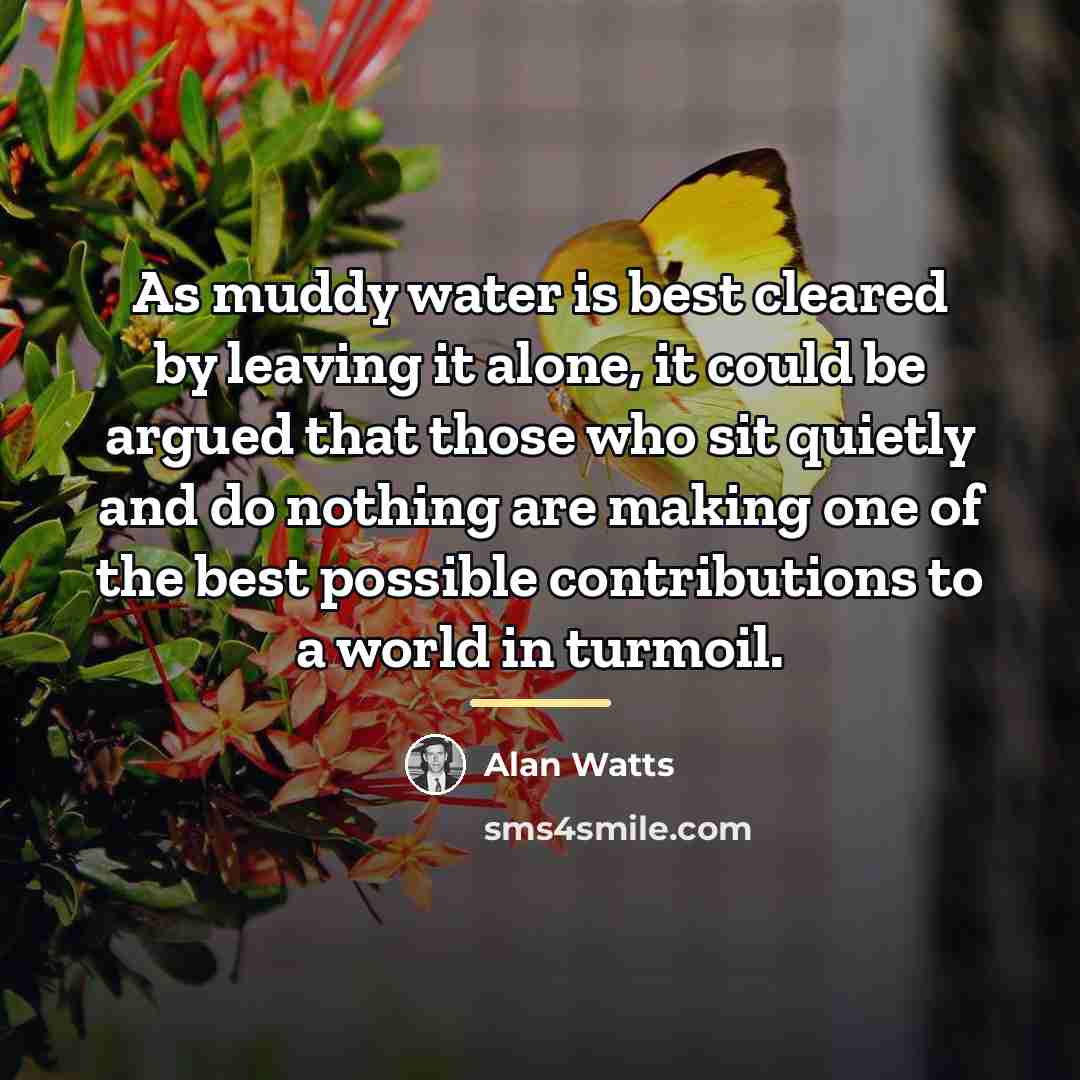 “As muddy water is best cleared by leaving it alone,…” quote by Alan Watts