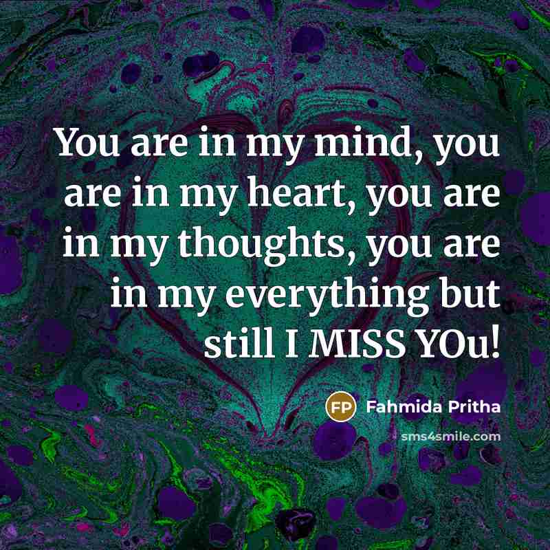 “You are in my mind, you are in my heart, you are in my thoughts, you are in my everything but still I MISS YOu!” quote by Fahmida Pritha