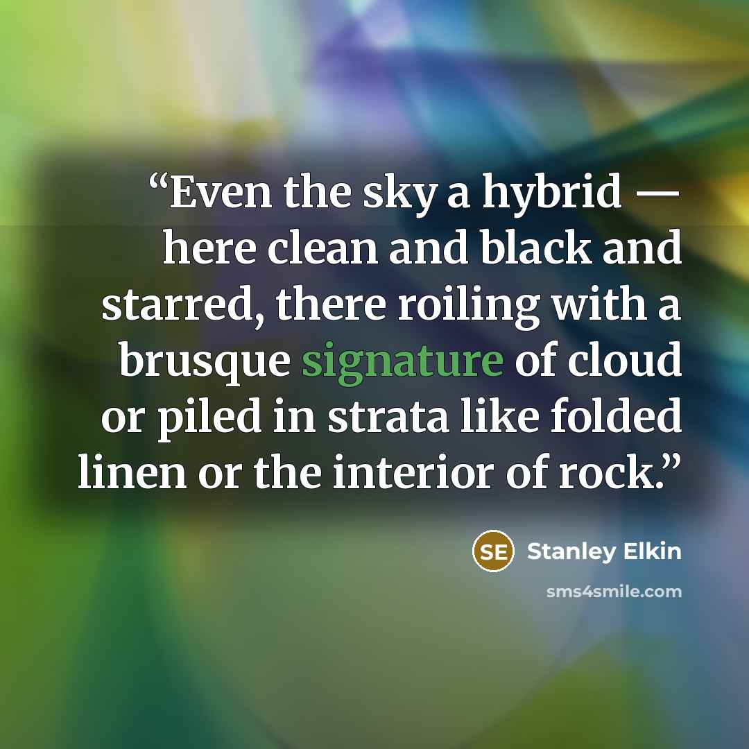 “Even the sky a hybrid — here clean and black and starred, there roiling with a brusque signature of cloud or piled in strata like folded linen or the interior of rock.” quote by Stanley Elkin