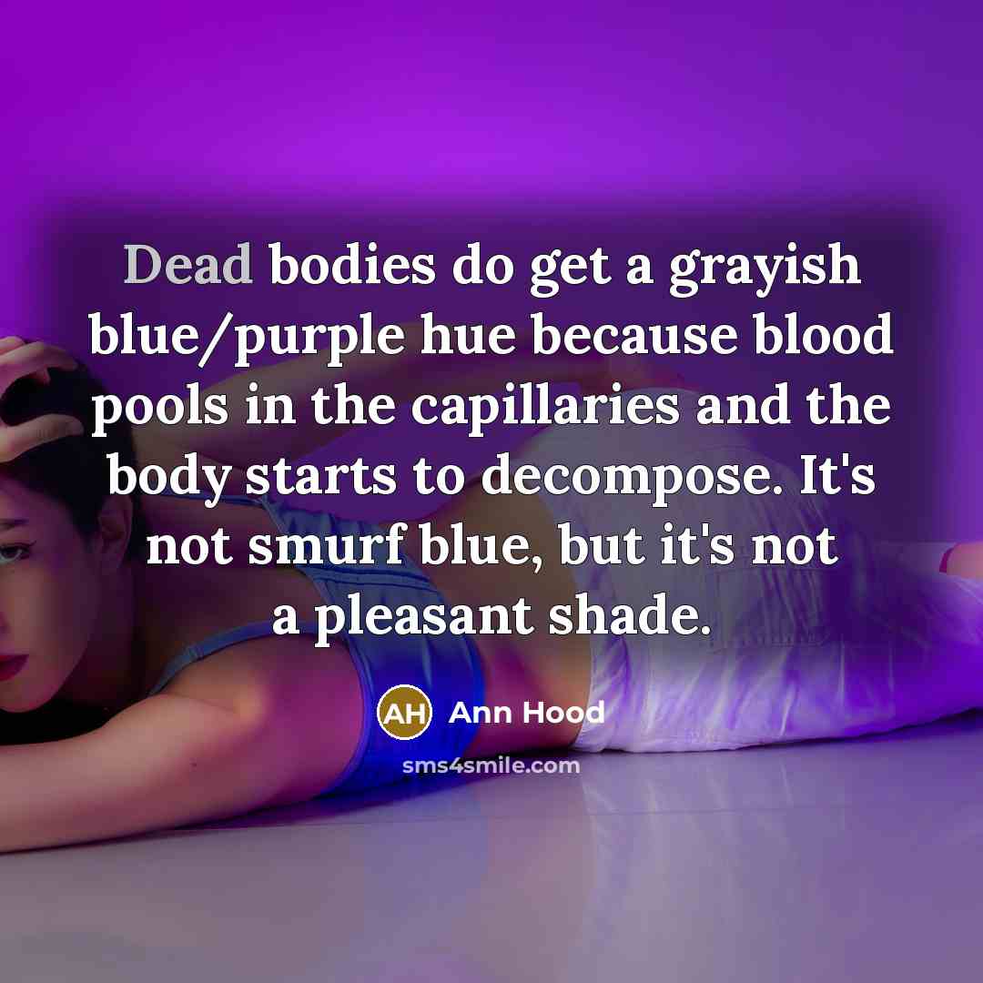 “Dead bodies do get a grayish blue/purple hue because blood…” quote by Ann Hood