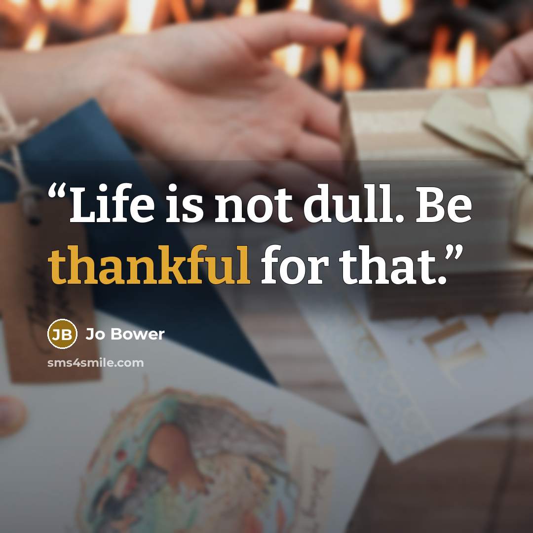 “Life is not dull. Be thankful for that.” quote by Jo Bower