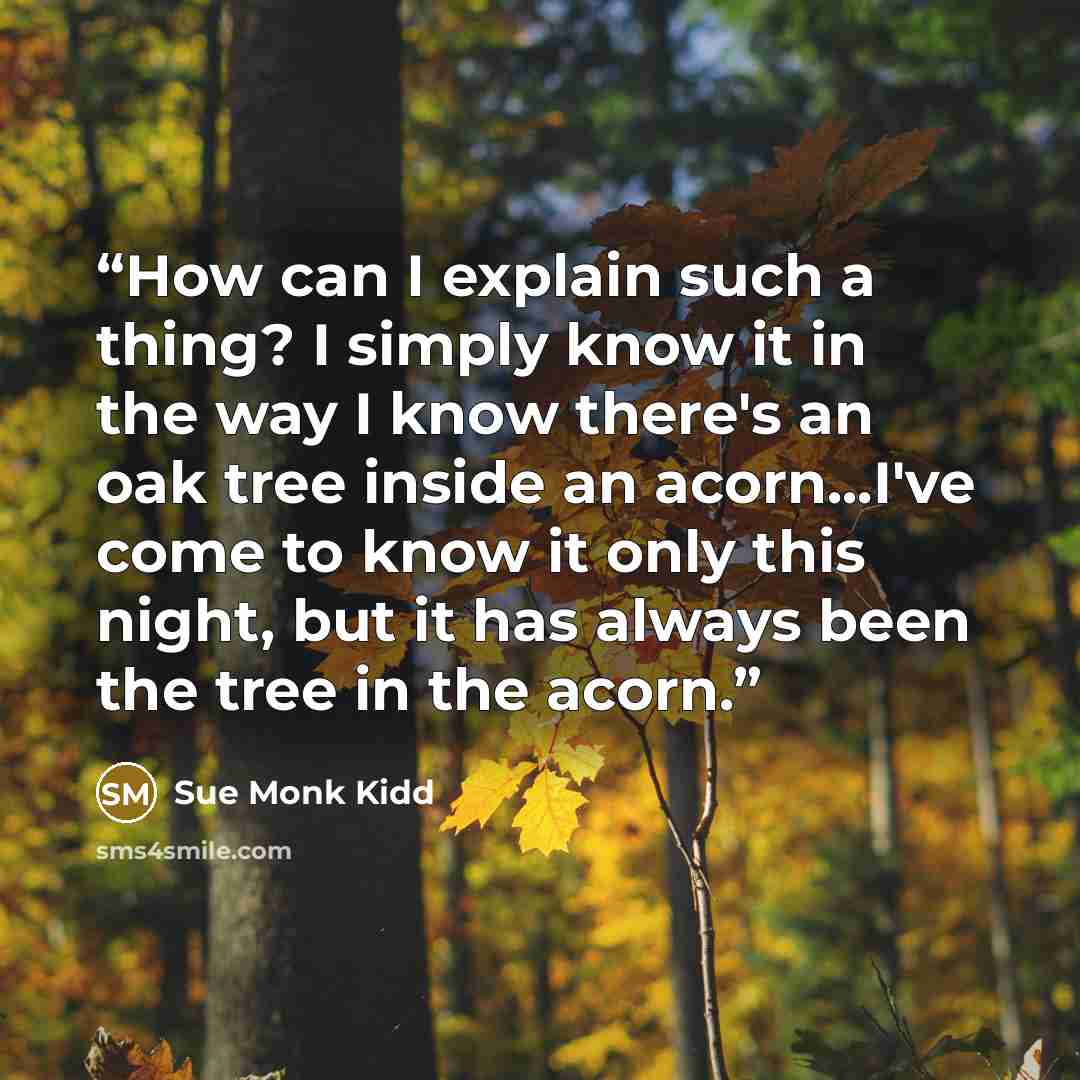 “How can I explain such a thing? I simply know it in the way I know there's an oak tree inside an acorn...I've come to know it only this night, but it has always been the tree in the acorn.” quote by Sue Monk Kidd