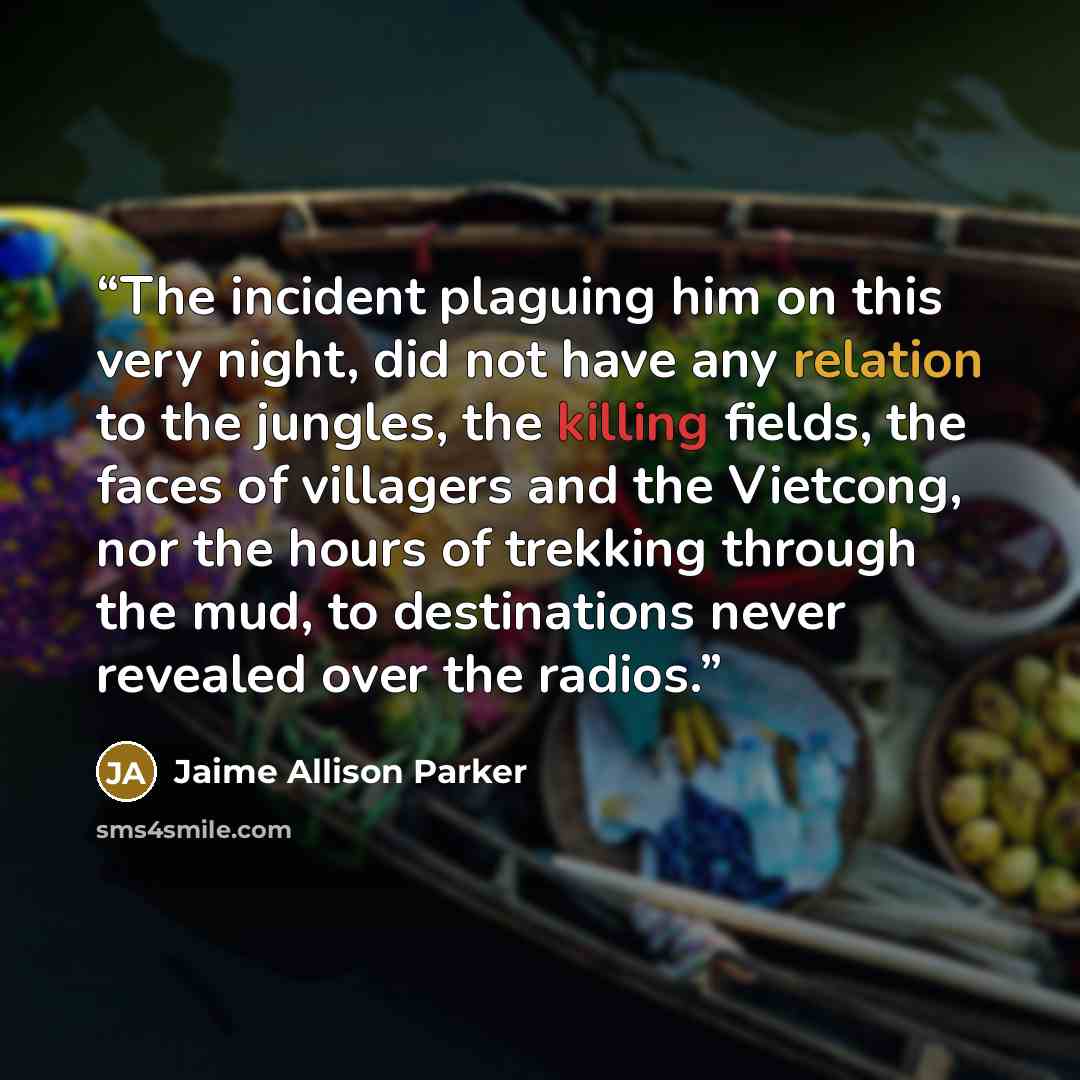 “The incident plaguing him on this very night, did not have any relation to the jungles, the killing fields, the faces of villagers and the Vietcong, nor the hours of trekking through the mud, to destinations never revealed over the radios.” quote by Jaime Allison Parker