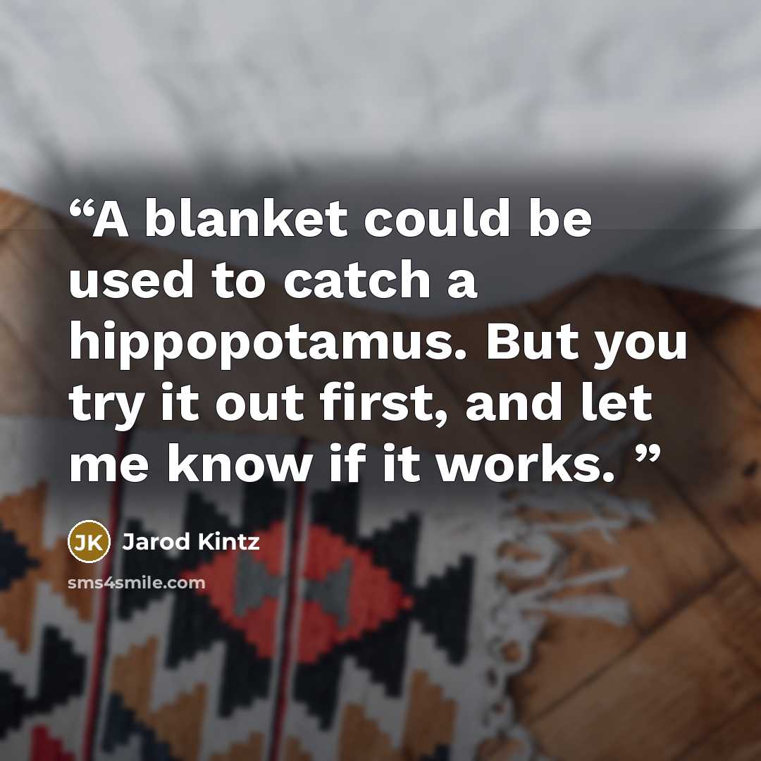 “A blanket could be used to catch a hippopotamus. But you try it out first, and let me know if it works.” quote by Jarod Kintz