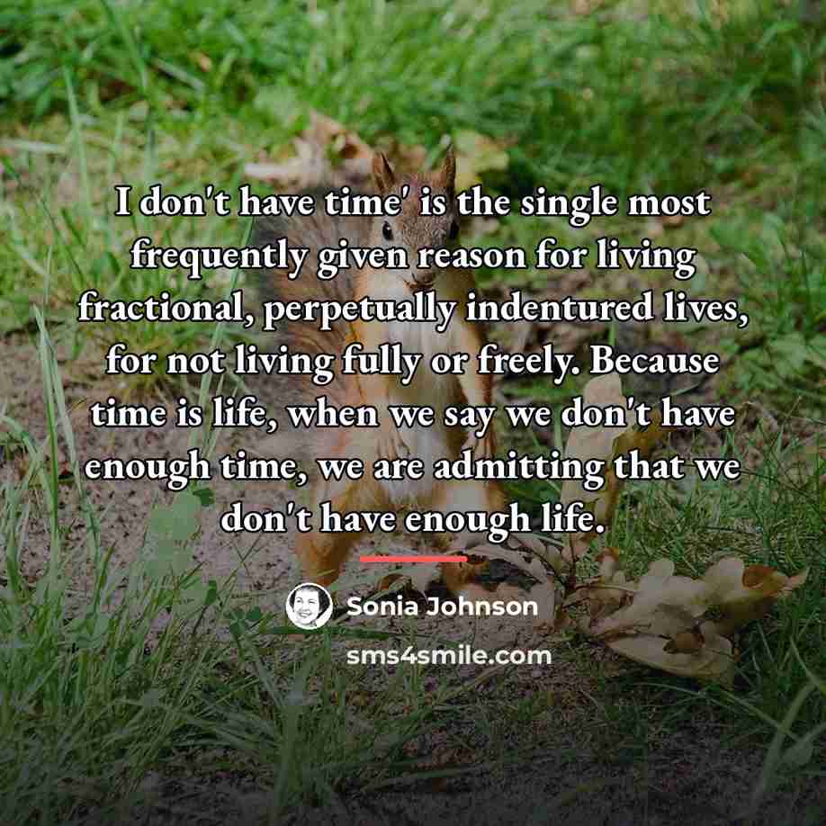“I don't have time' is the single most frequently given…” quote by Sonia Johnson