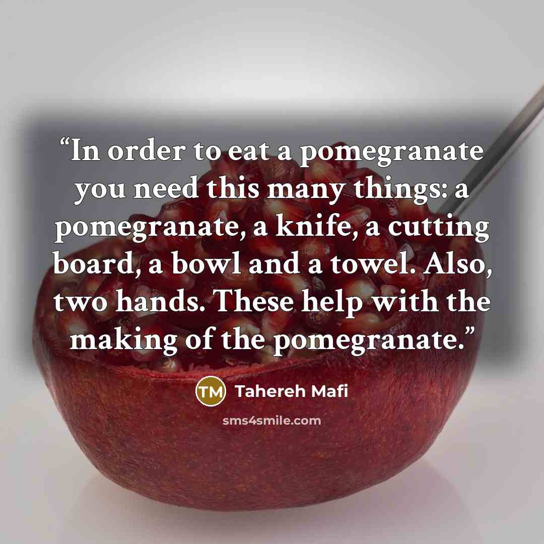 “In order to eat a pomegranate you need this many things: a pomegranate, a knife, a cutting board, a bowl and a towel. Also, two hands. These help with the making of the pomegranate.” quote by Tahereh Mafi