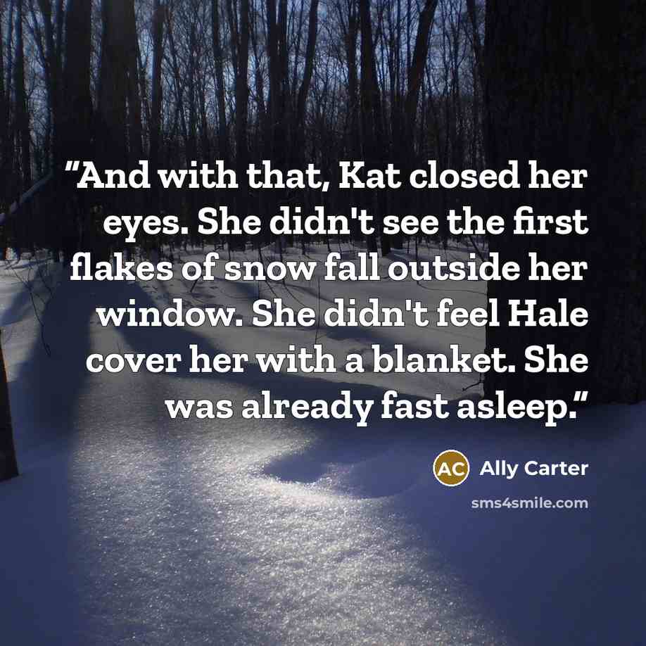 “And with that, Kat closed her eyes. She didn't see the first flakes of snow fall outside her window. She didn't feel Hale cover her with a blanket. She was already fast asleep.” quote by Ally Carter