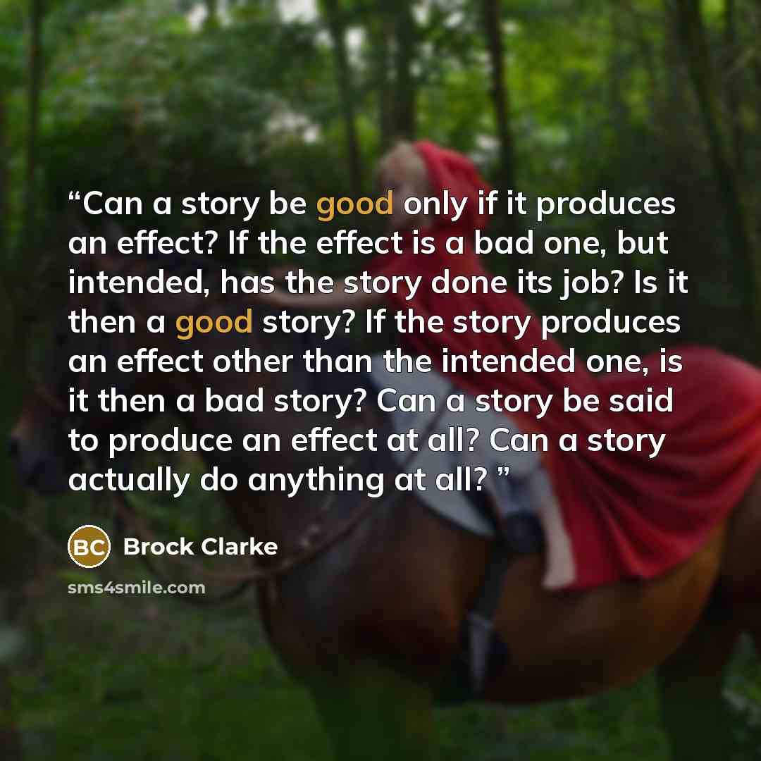 “Can a story be good only if it produces an effect? If the effect is a bad one, but intended, has the story done its job? Is it then a good story? If the story produces an effect other than the intended one, is it then a bad story? Can a story be said to produce an effect at all? Can a story…” quote by Brock Clarke