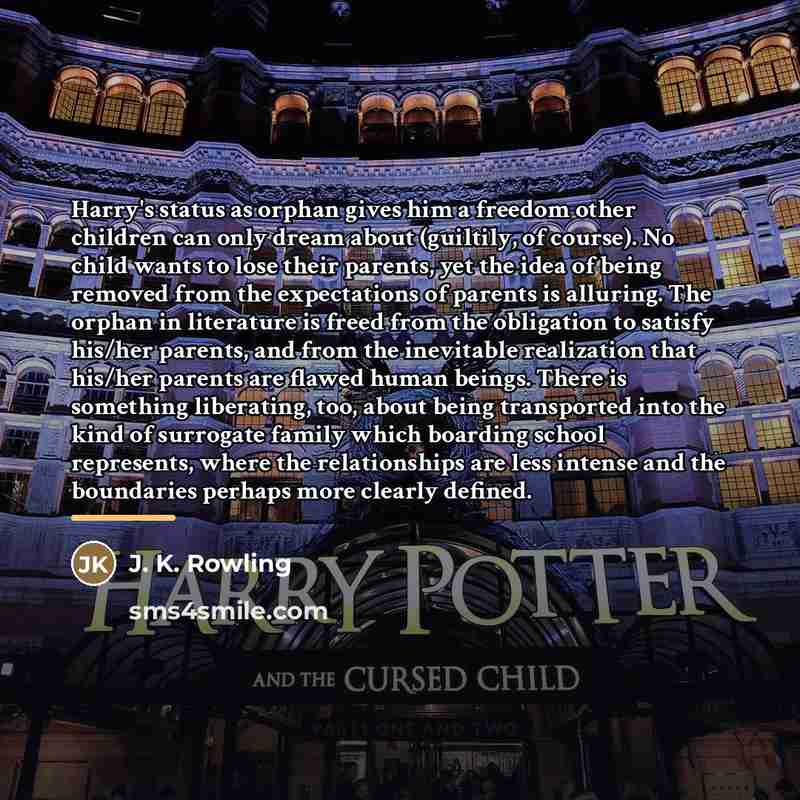 “Harry's status as orphan gives him a freedom other children…” quote by J. K. Rowling