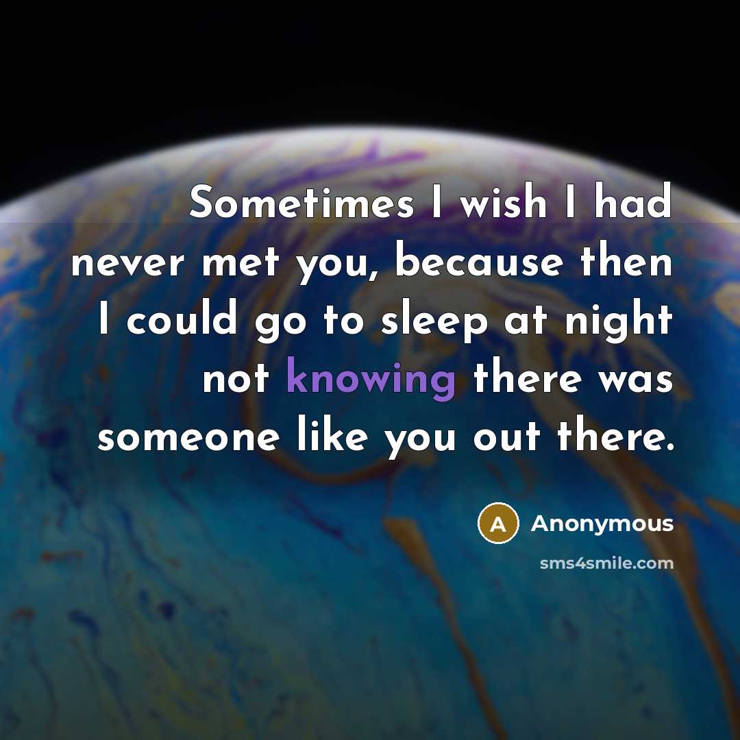 “Sometimes I wish I had never met you, because then I could go to sleep at night not knowing there was someone like you out there.” quote by Anonymous